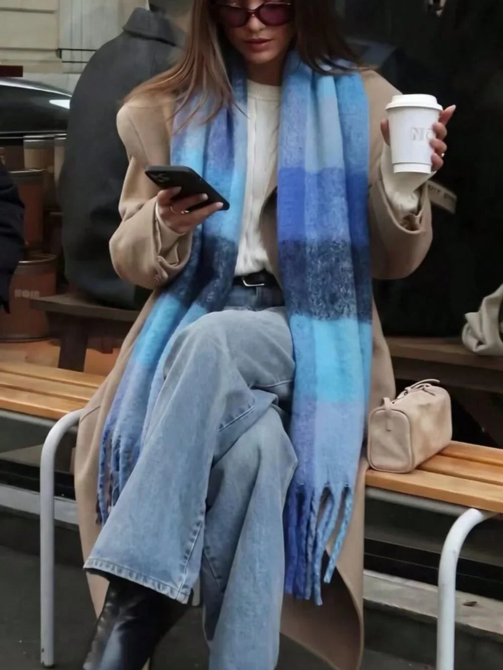 Blue warm cozy Women's Plaid Plush Warm oblong tassel Scarf